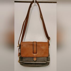 Fossil Kinley Mini Cross Body Bag. Leather / stripe denim combination